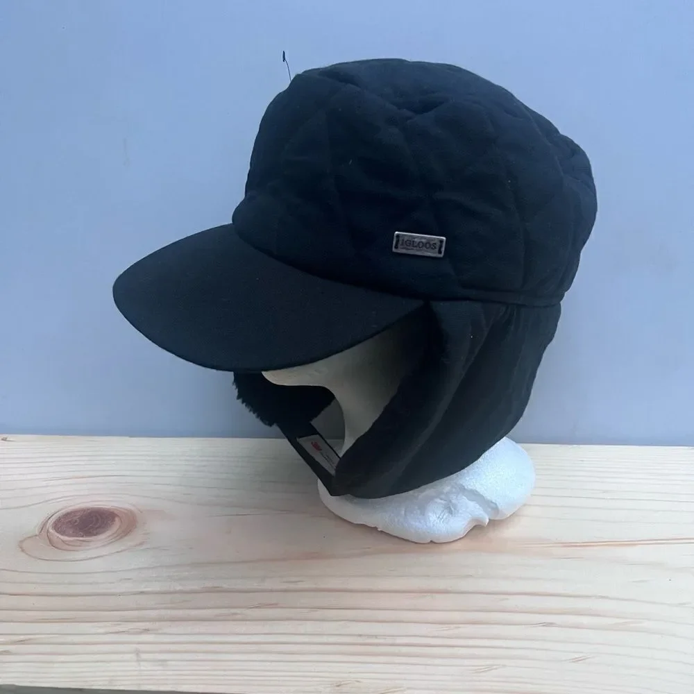 Igloos Trapper Hat Mens Xl / L Black Gleece Lined Thinsulate Ear Flaps
